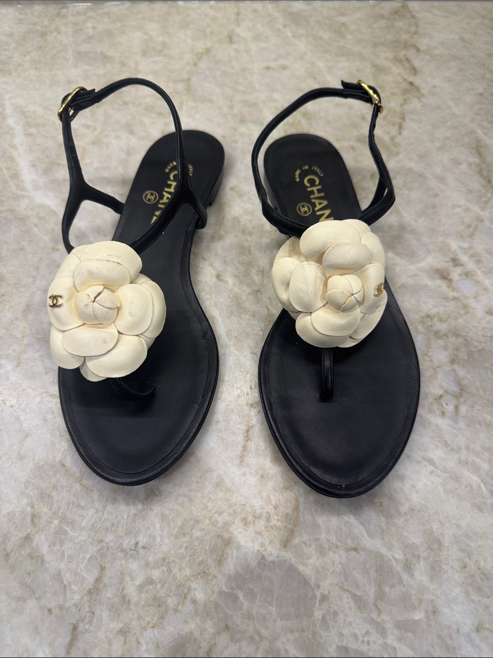 CHANEL Black Leather Thong Sandals with Cream Camellia
